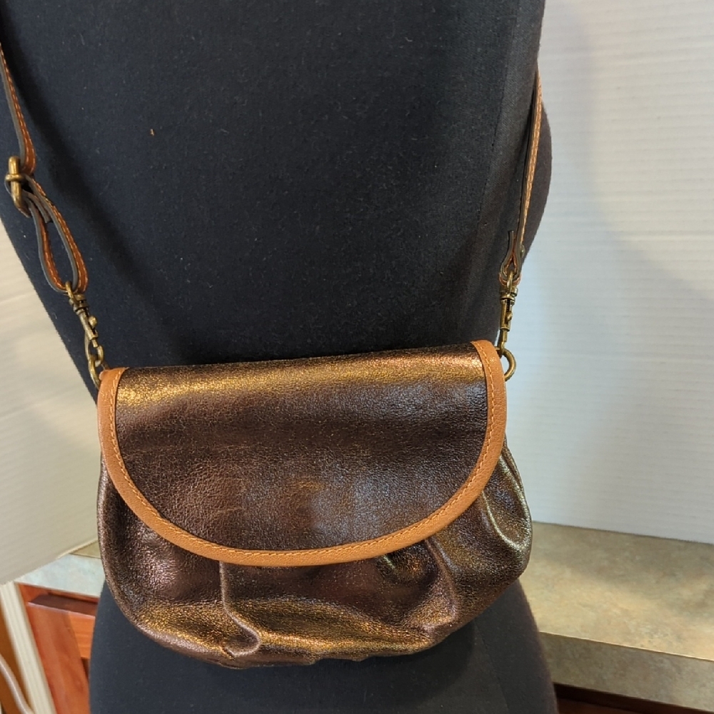 Elegant Bronze Leather Mini Crossbody Bag by Tano. Detachable Strap